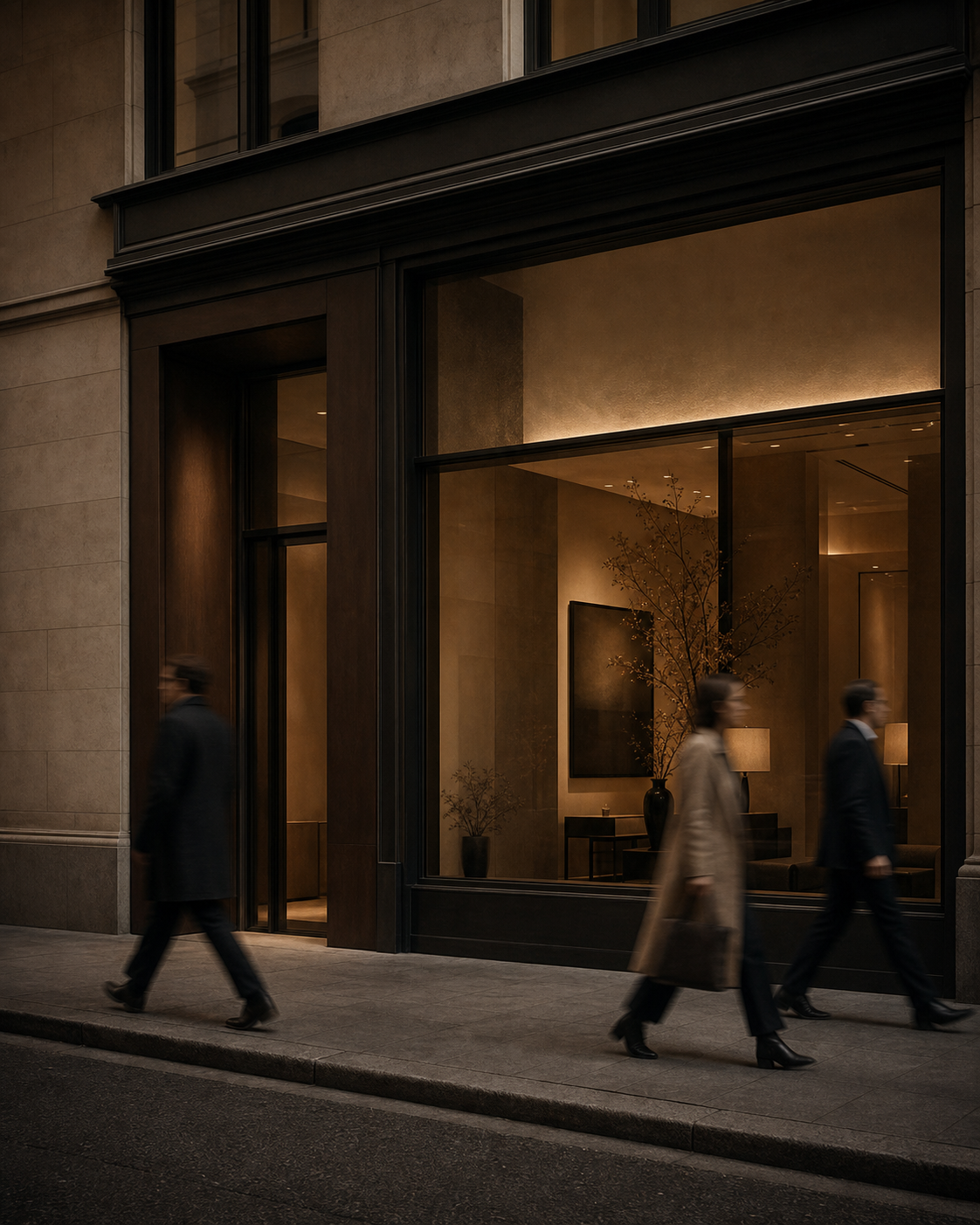 Fachada elegante de um estabelecimento com pessoas bem vestidas caminhando em movimento suave diante da vitrine.