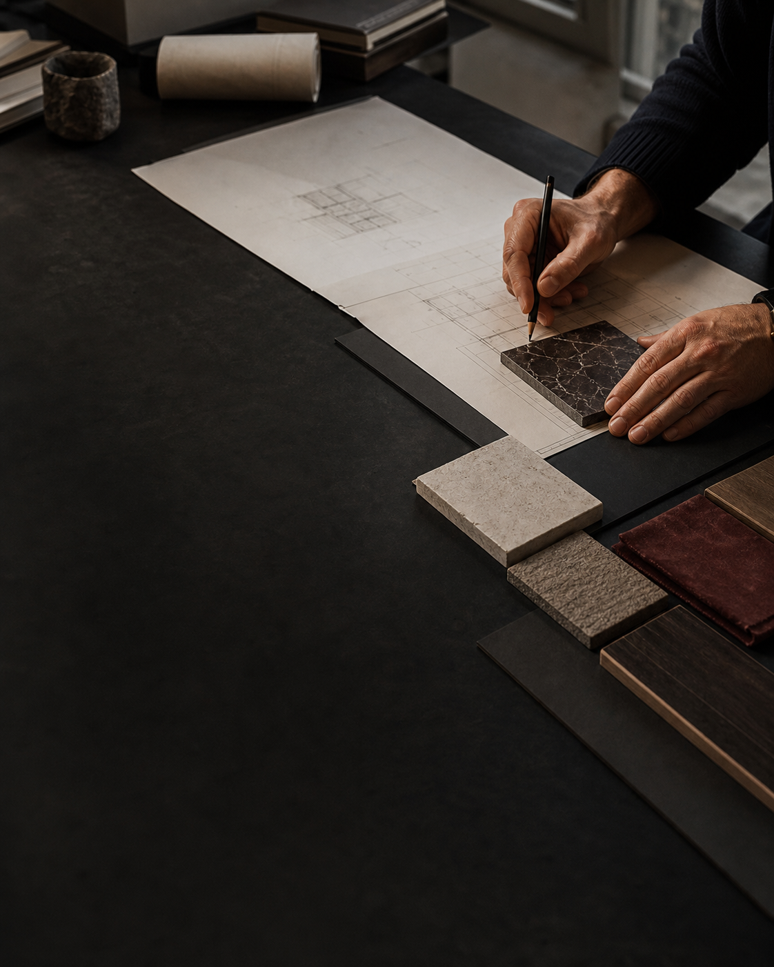 Profissional executando um trabalho cuidadoso sobre uma mesa com materiais, plano e anotações