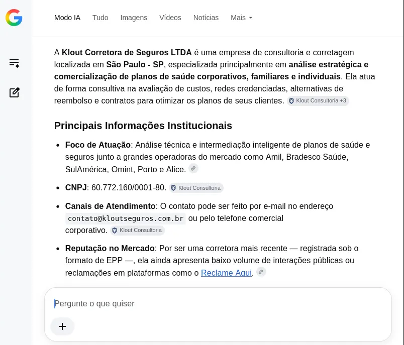 Resposta em modo IA sobre a Klout Seguros