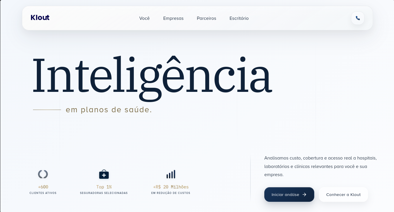 Primeira dobra do site atual da Klout Seguros