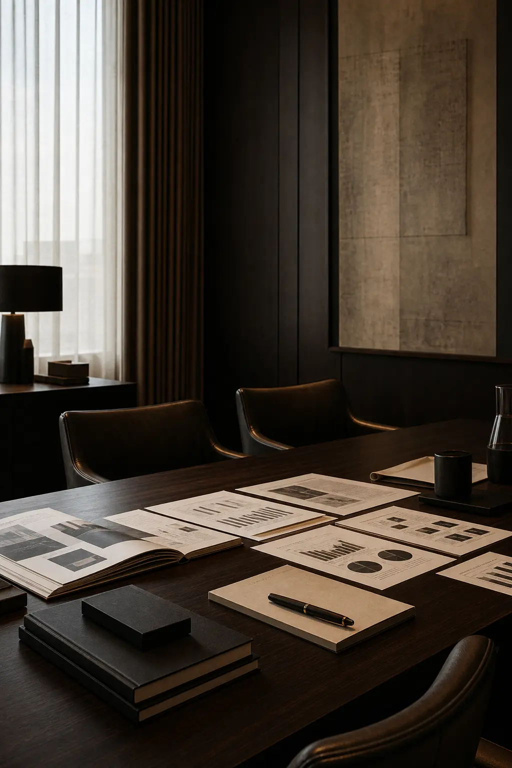 Sala estratégica de consultoria premium com documentos, madeira escura e atmosfera executiva discreta