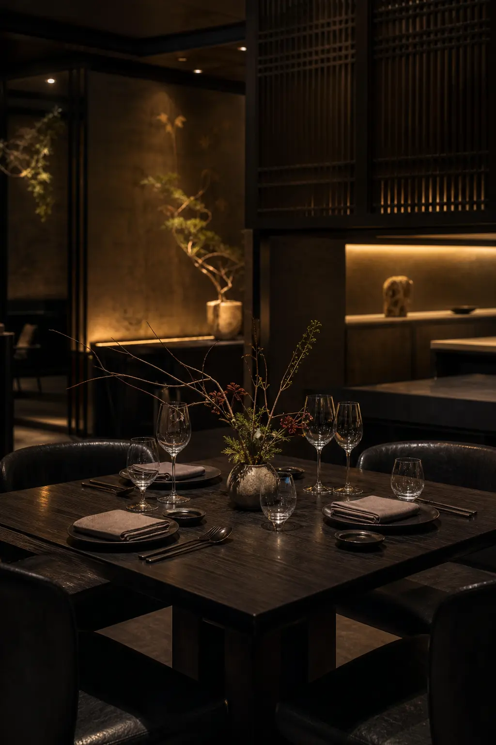 Restaurante asiático estrelado com sala ultrafina, mesa posta e atmosfera noturna sofisticada